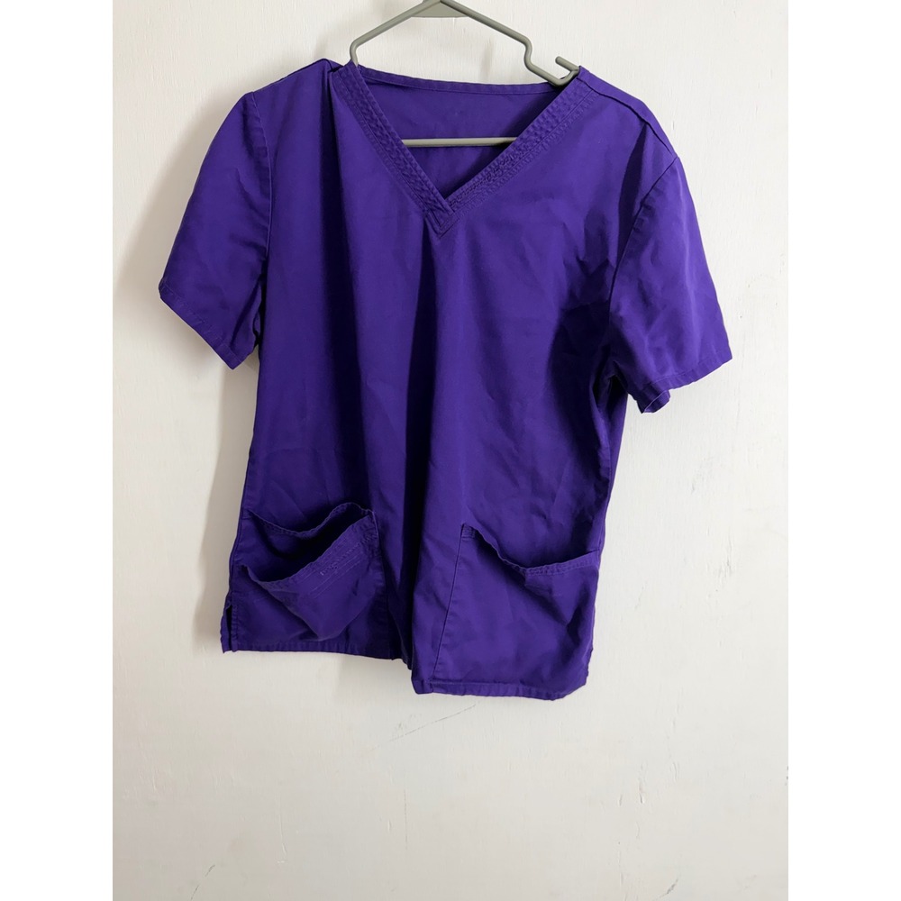 Purple V-Neck Medical Scrub Top Short Sleeve Front Pockets Size M 1845 GRPV